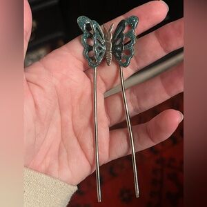 Blue Glitter Silver Tone Butterfly Hair Fork